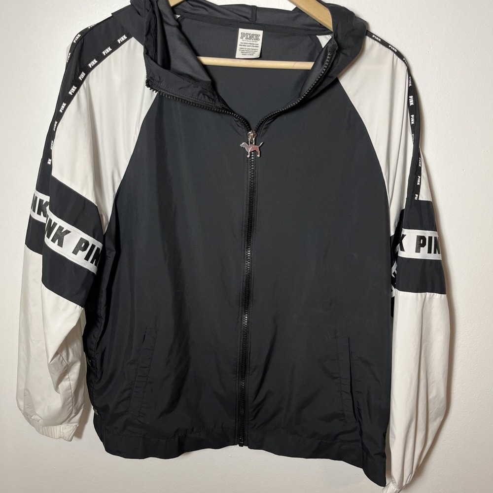 Pink Victoria's Secret Windbreaker Jacket Black White Logo Full Zip Hooded XS/S